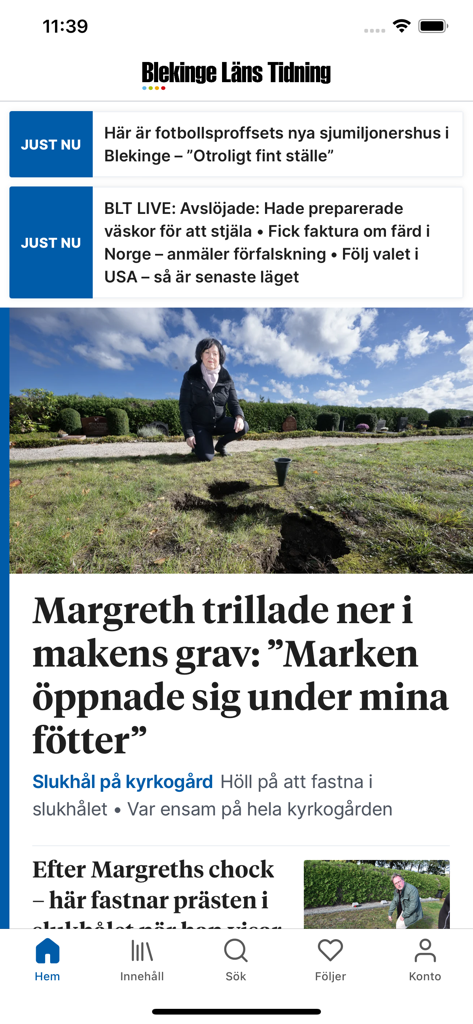 Home screen of the Blekinge Lans Tidning news app featuring local Swedish headlines and a cemetery sinkhole news story.