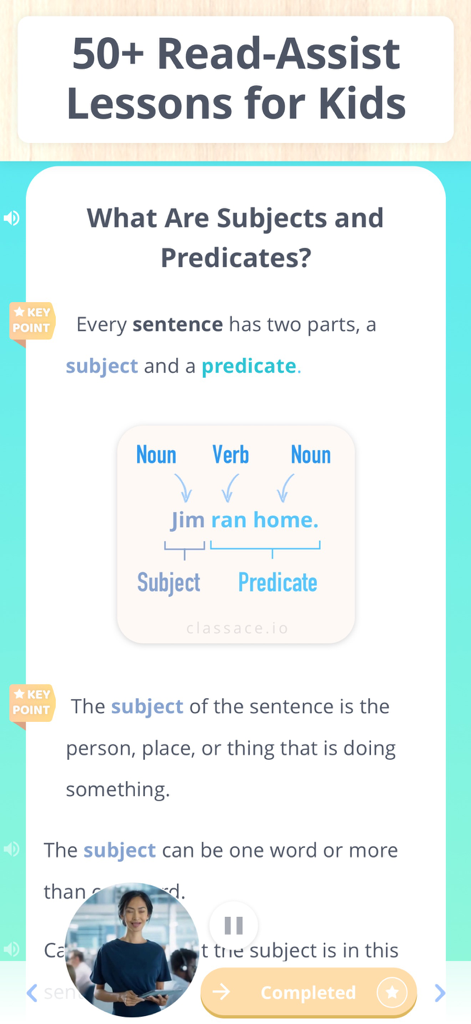 Learn Grammar 3rd Grade - A 3rd grade grammar lesson on subjects and predicates showing a sentence diagram and read-assist text