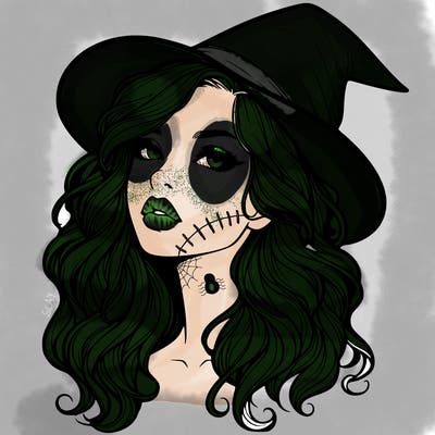 realistic witch girl with wavy hair and lips