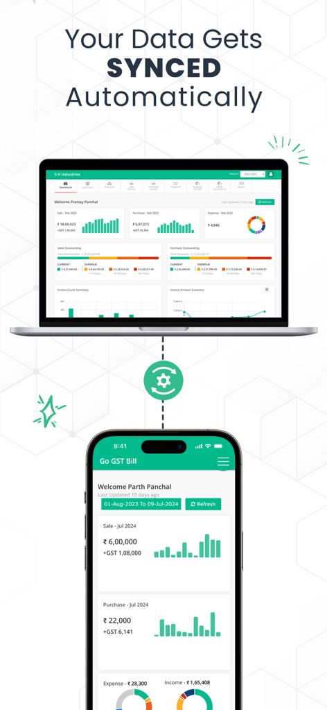 Go GST Bill - Go GST Bill dashboard showing automatic data synchronization between laptop and mobile devices