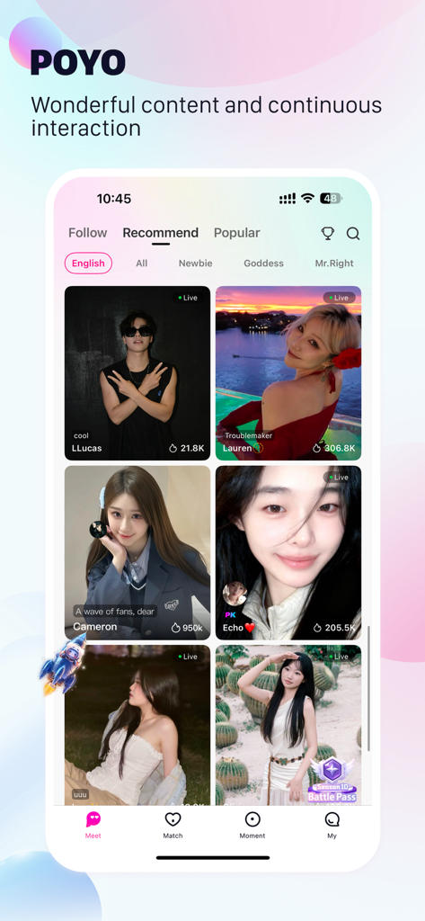 POYO - Live stream,Go Live - Interface of the POYO app showing a grid of recommended live streams from various influencers with their view counts.