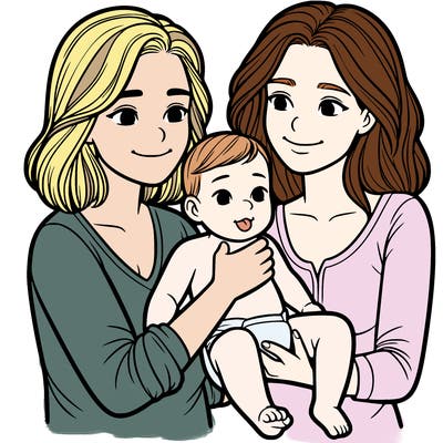 two realistic women holding one baby together
