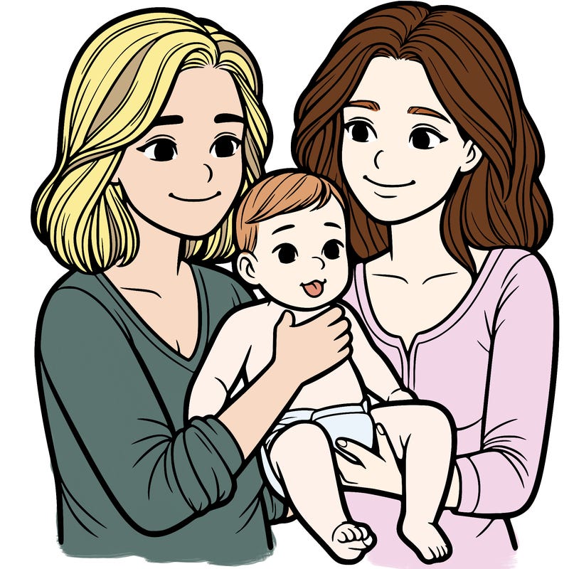 two realistic women holding one baby together