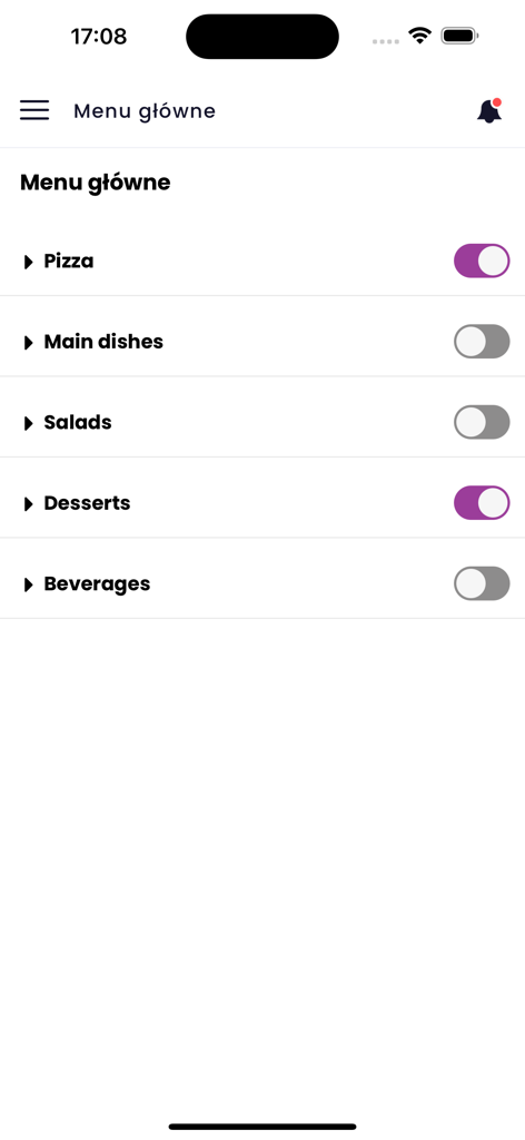 Meez - Pantalla de la aplicación de gestión de restaurantes Meez que muestra los interruptores de categoría del menú para pizza y postres