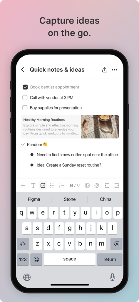 ByDesign: ToDo List & Calendar - Interfaz de la aplicación ByDesign en un iPhone que muestra una pantalla de notas rápidas con una lista de verificación e ideas anidadas.