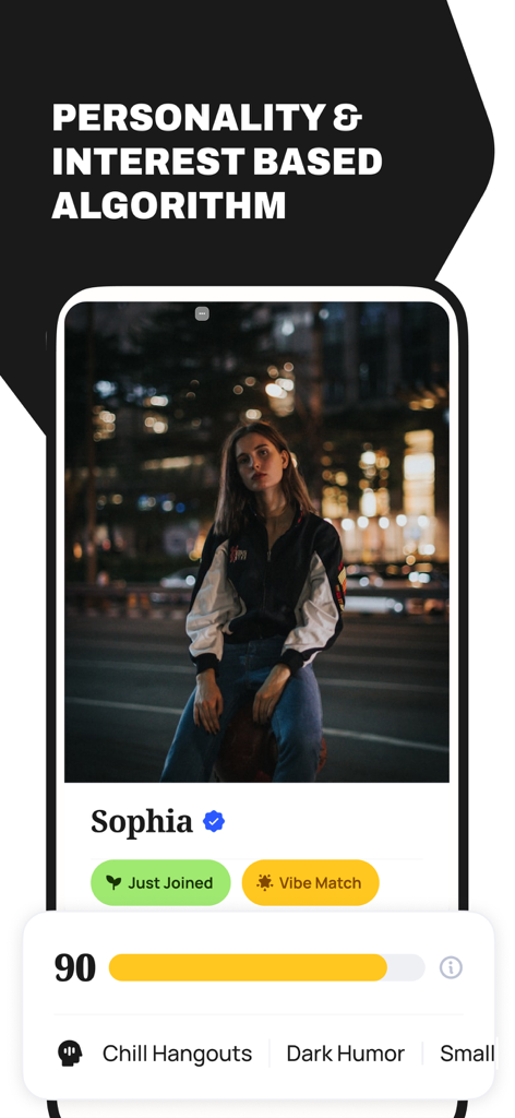 Alyke app interface showing a user profile with a high vibe match score and personality tags