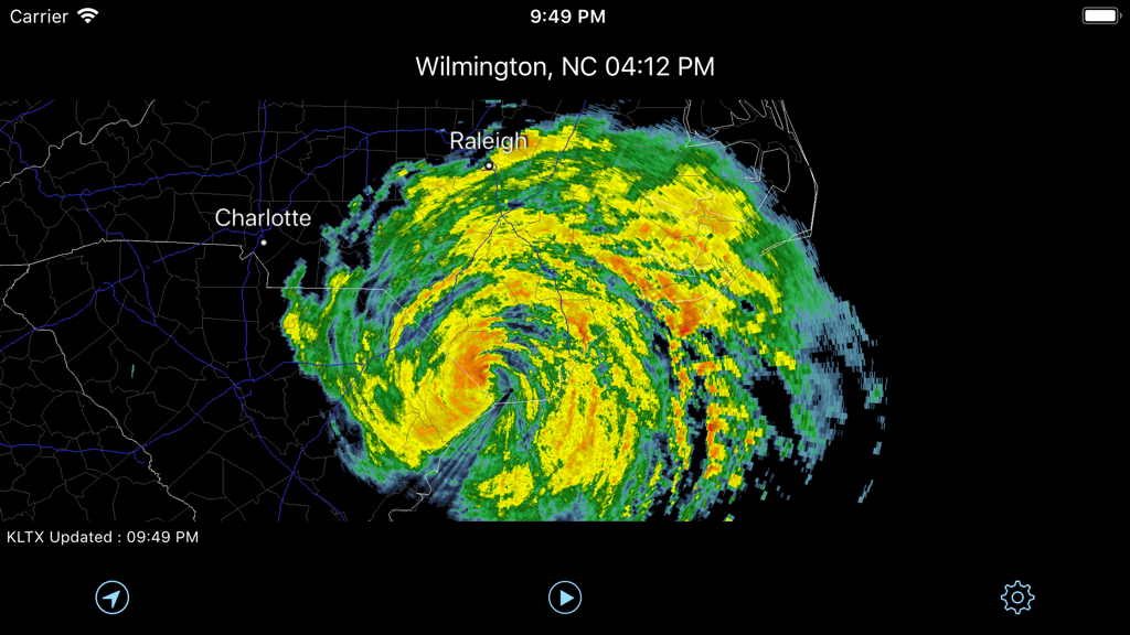 Radar Pro - Radar Pro app showing a detailed storm system on a NEXRAD radar map over North Carolina
