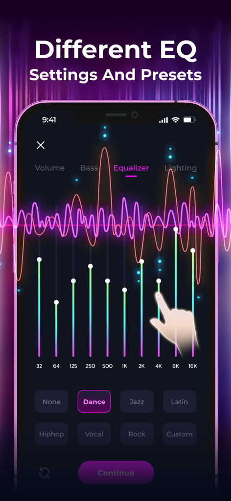 Louder Music: Volume Booster - User interface of the Louder Music app showing frequency equalizer sliders and music genre presets like Dance and Rock.