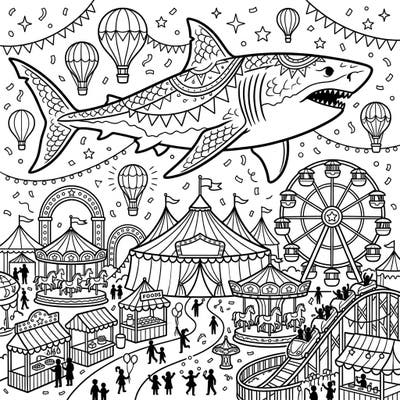 Unleash your creativity with this incredible coloring page featuring a magnificent Megalodon amidst a lively carnival. Experience the thrill of massive sharks and festive fairground attractions, ready for your artistic touch.