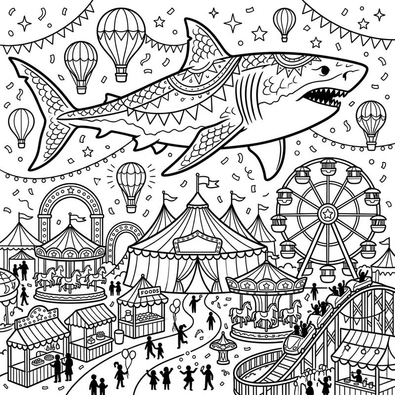 Unleash your creativity with this incredible coloring page featuring a magnificent Megalodon amidst a lively carnival. Experience the thrill of massive sharks and festive fairground attractions, ready for your artistic touch.