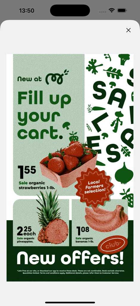 Vista previa de una promoción minorista de frutas orgánicas en una pantalla Samsung E-Paper