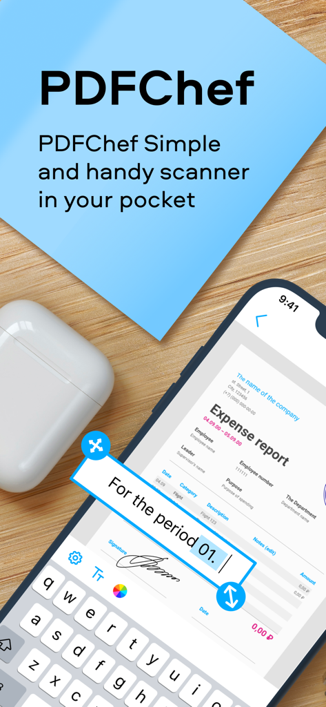 Interface de l'application mobile PDFChef pour la numérisation et l'édition de notes de frais avec signature numérique