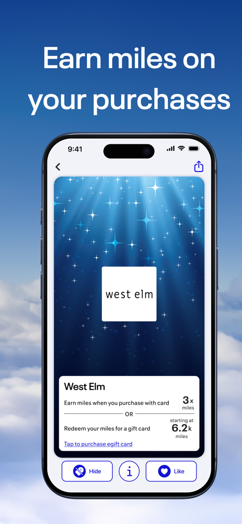 Screenshot dell'app MileagePlus X che mostra i premi e i tassi di guadagno per gli acquisti presso West Elm
