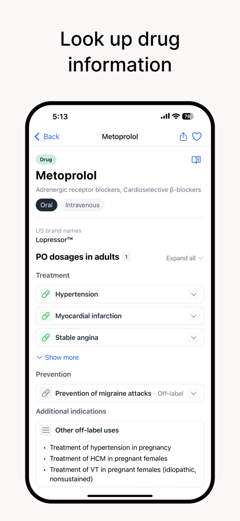 La interfaz de la aplicación Pathway que muestra información completa sobre el medicamento e indicaciones clínicas para Metoprolol