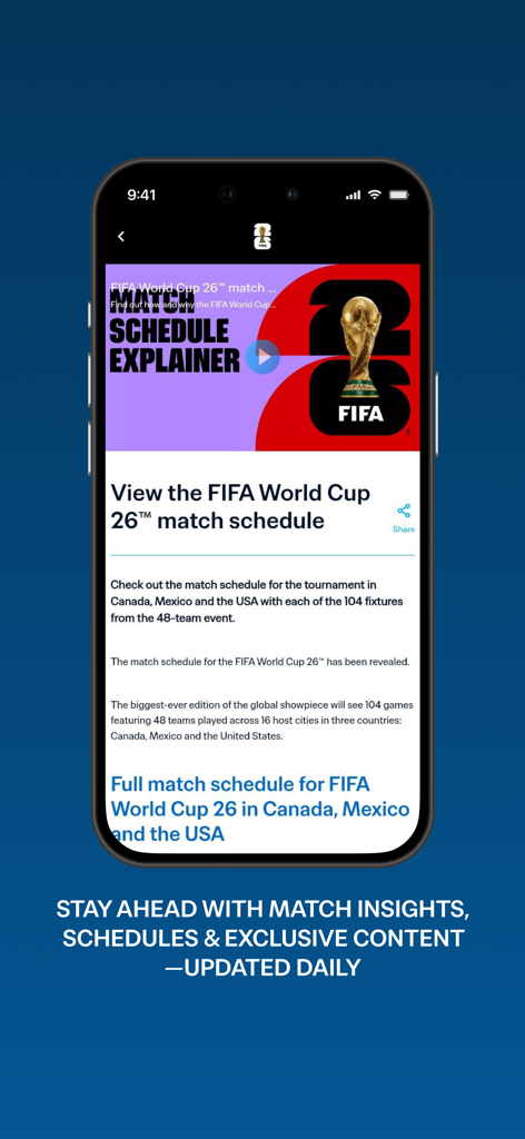 FIFA official app screen displaying the World Cup 2026 match schedule for Canada Mexico and the USA