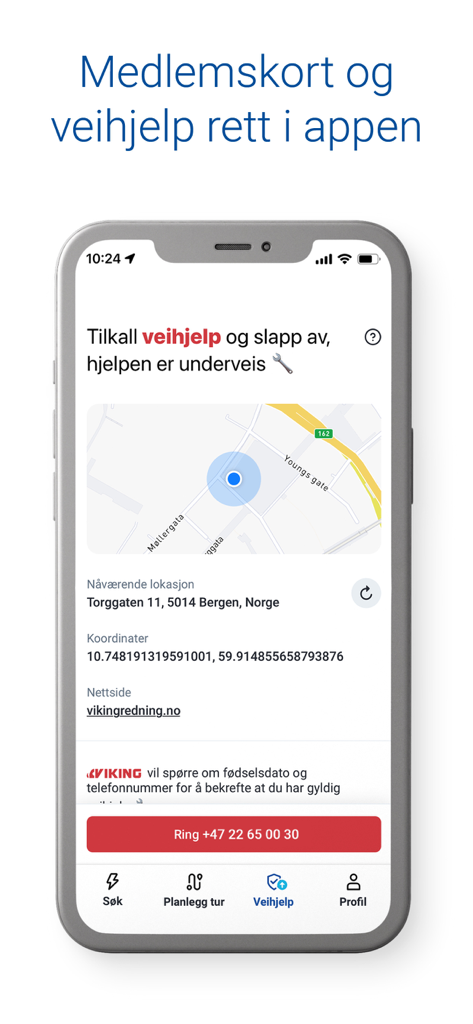 Oberfläche für Pannenhilfe in der mobilen Anwendung ElbilAppen, die eine Karte und einen Notruftaste anzeigt.