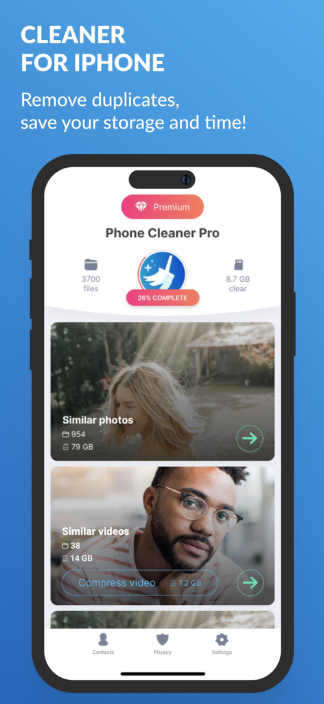 Cleaner Pro - Cleanup - Cleaner Pro app on iPhone showing features to find similar photos and compress videos