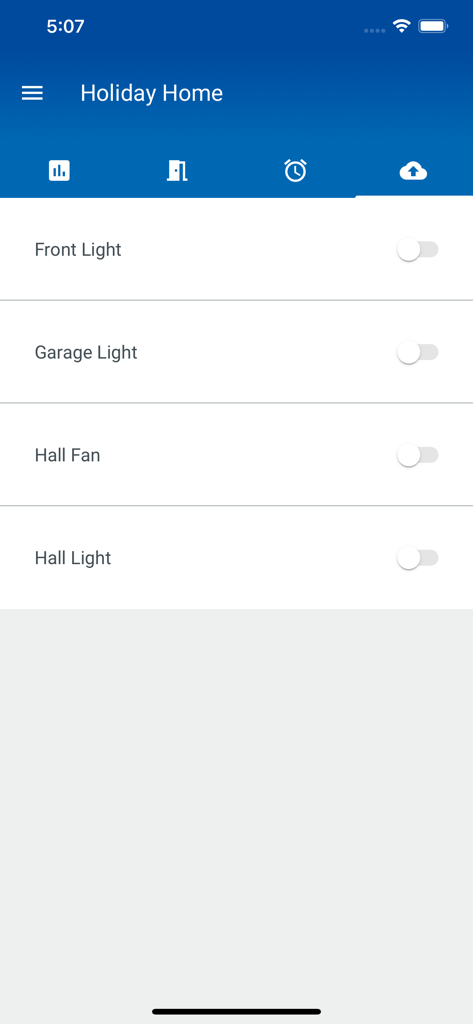Eaton SecureConnect - Eaton SecureConnect mobile interface showing remote control toggles for smart lights and fans in a holiday home.
