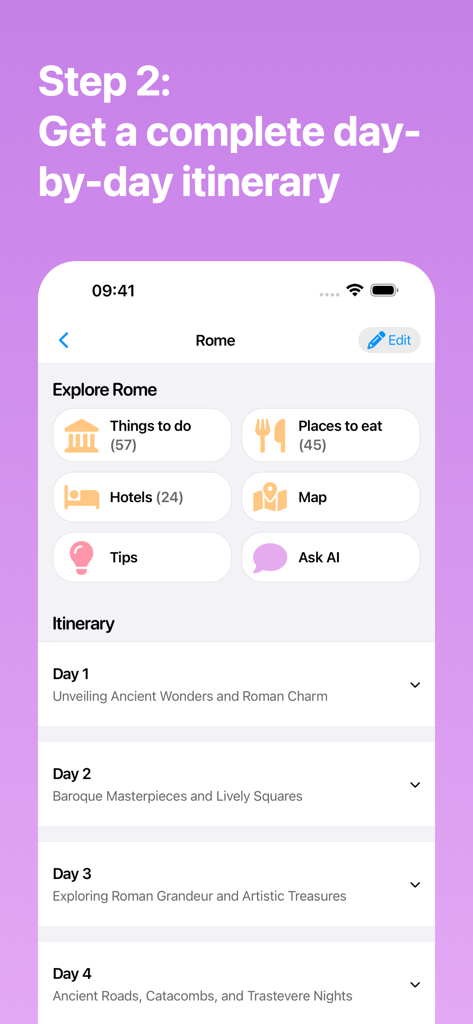 TravelBuddy AI App-Oberfläche, die eine detaillierte Tages-für-Tages-Reiseroute für Rom zeigt