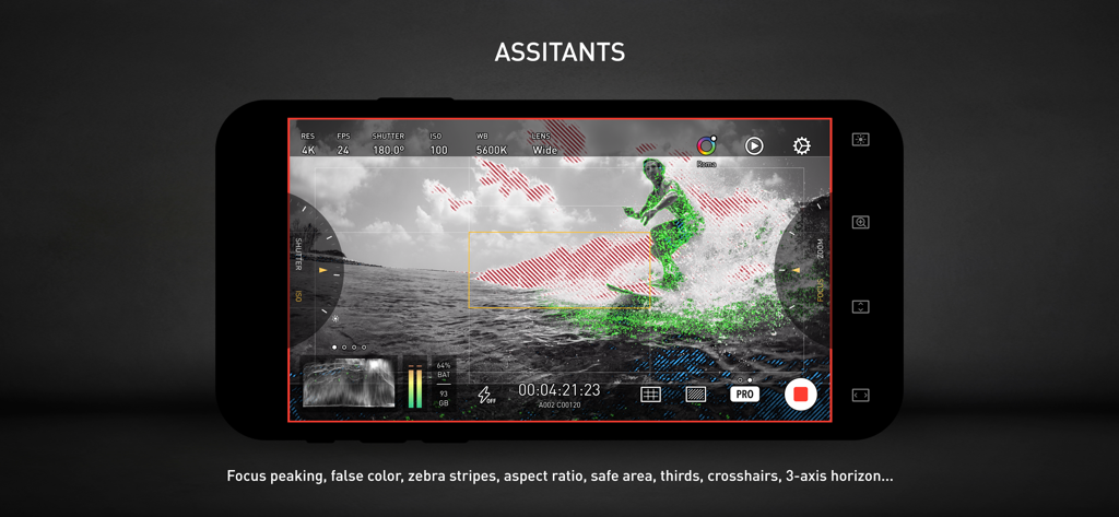 Interfaz de la cámara de cine móvil Protake mostrando asistentes de enfoque peaking y rayas cebra sobre un vídeo de un surfista