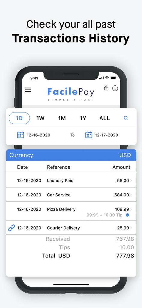 FacilePay app interface displaying a detailed list of past transactions and total earnings from Stripe payments
