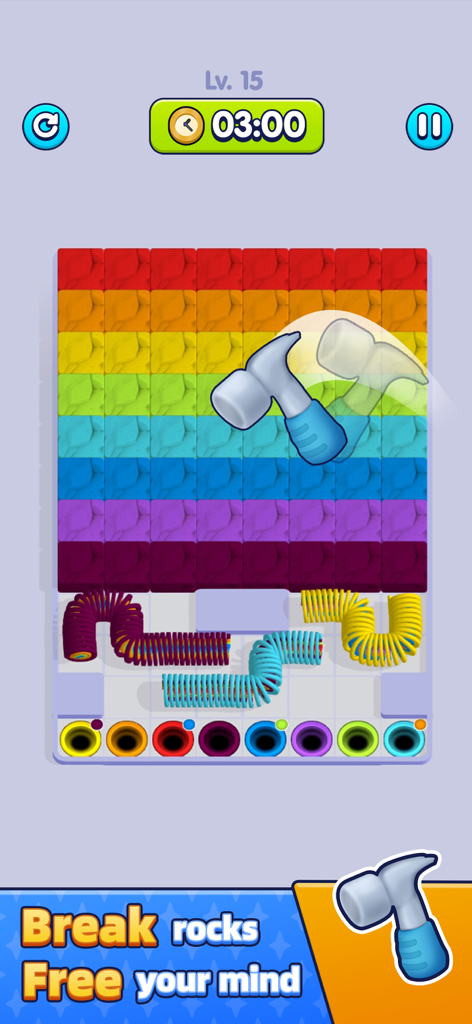 A screenshot of Slinky Go mobile game featuring a hammer breaking colorful blocks in a sorting puzzle level