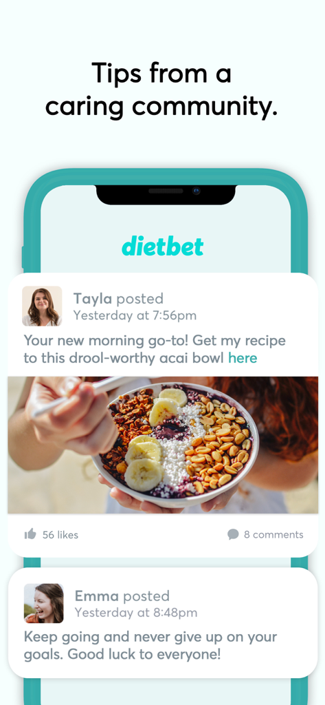 DietBet app interface showing social media style posts from a supportive fitness community with healthy recipes and encouragement