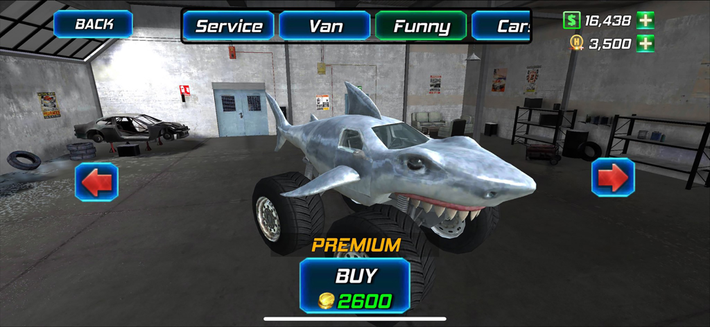 Amazing Rope Police - Monster truck tiburón en el menú del garaje del juego