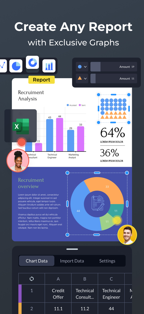 Visme - Presentation & Charts - Visme mobile app interface showing professional report creation with bar and pie charts and data editing tools.