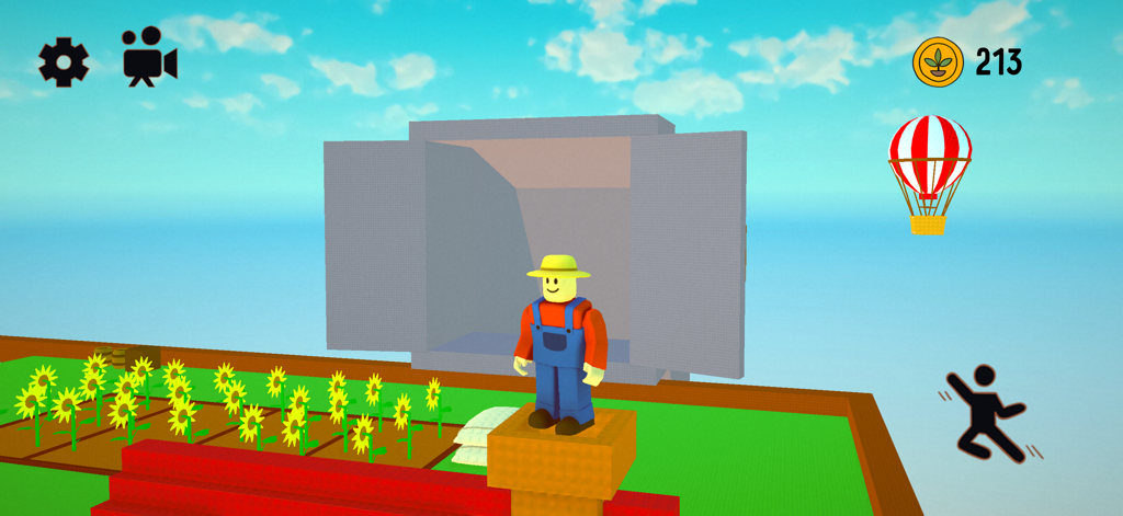 Farm 3D — Garden Game - Un personnage fermier 3D debout dans un jardin avec des tournesols et une montgolfière.
