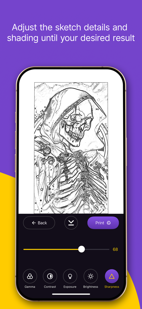 Interface of Tattoo Stencil Pro app with image adjustment tools for a hooded skull tattoo design.
