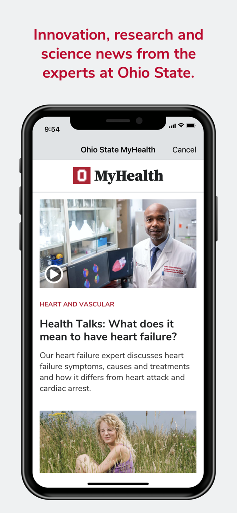 Ohio State MyHealth app showing medical research and health news from experts