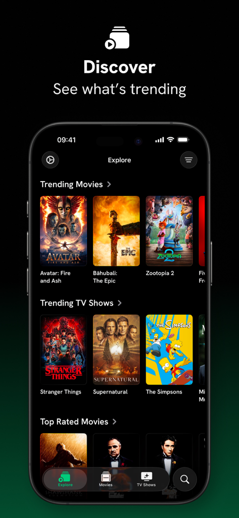 B.Roll – Movies & TV Tracker - B.Roll映画・TVトラッカーアプリインターフェース。Explore画面にトレンドのタイトルが表示されています。