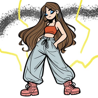 girl in baggy pants crop top and long hair