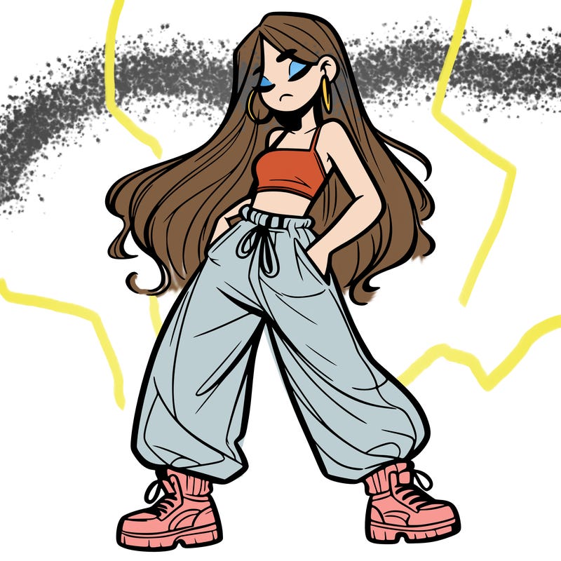 girl in baggy pants crop top and long hair