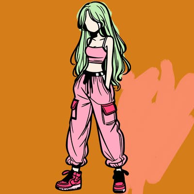 girl in baggy pants crop top and long hair