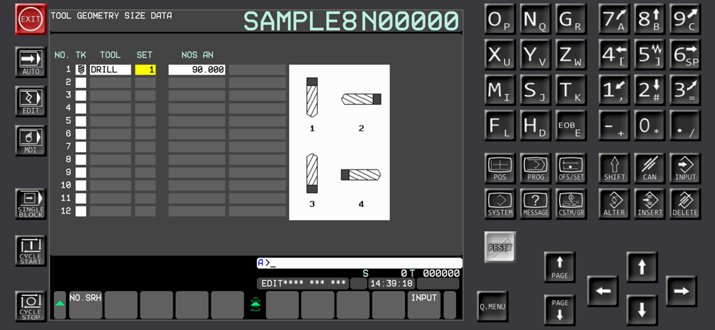 Fanuc CNC Simulator - Fanuc CNC simulator interface showing the tool geometry size data screen and digital control panel buttons.