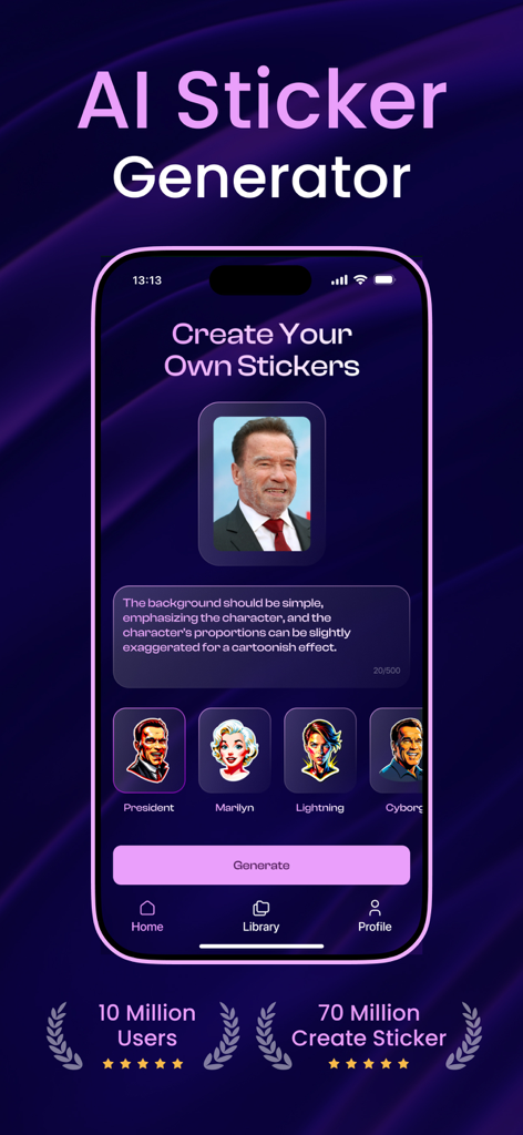 AI Sticker: Face Emoji Maker - Interface of the AI Sticker Generator app showing how to create custom emojis from photos using text prompts.