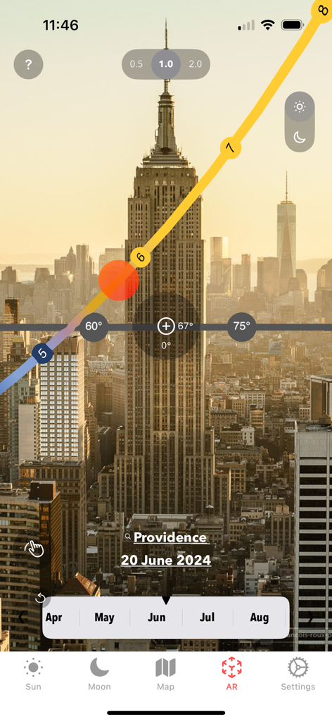 Augmented reality sun path overlay on a city skyline in the Solar Watch app
