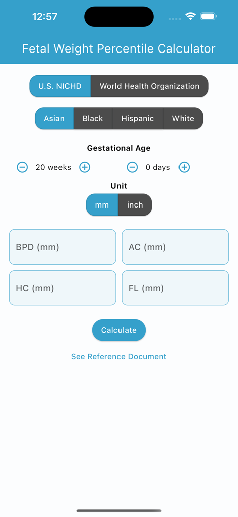 Oberfläche der Fötalgewicht-Rechner-App, die Eingabefelder für das Schwangerschaftsalter und Ultraschallmessungen wie BPD und AC anzeigt.