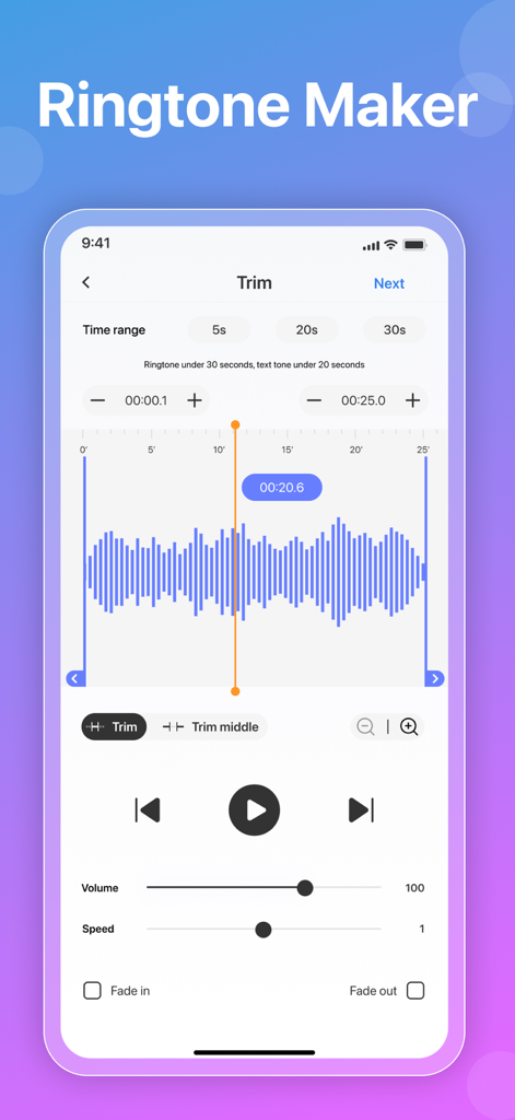 Audio Converter - Music editor - Pantalla de creador de tonos de llamada de Audio Converter con edición de forma de onda y controles de reproducción