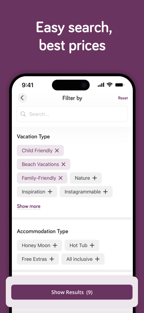 Interfaz de la aplicación TravelPirates que muestra filtros de tipo de vacaciones y alojamiento como vacaciones en la playa y ofertas todo incluido