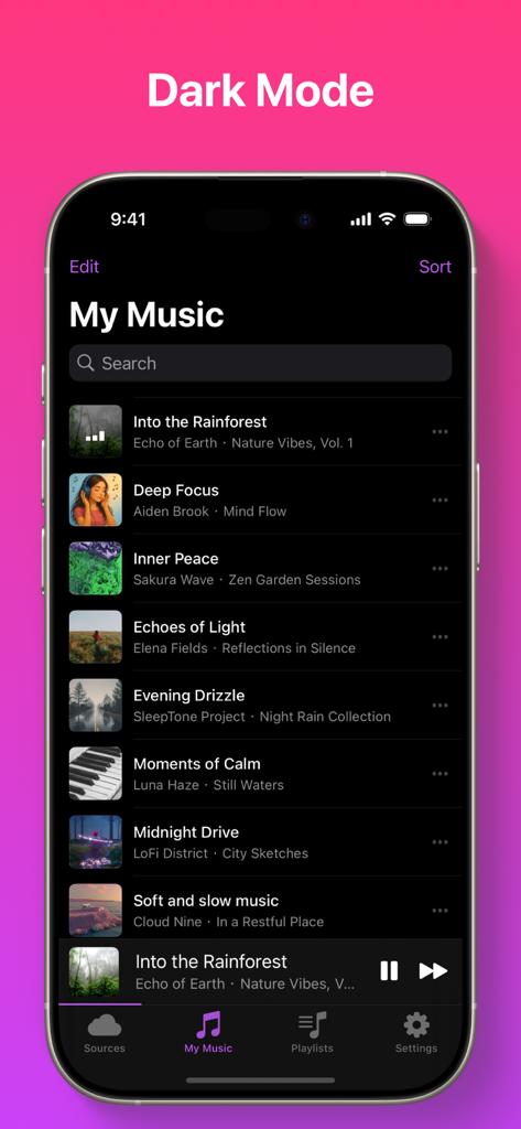 Offline Music Player - Mix - Interface em modo escuro da aplicação Leitor de Música Offline Mix a mostrar uma biblioteca de música