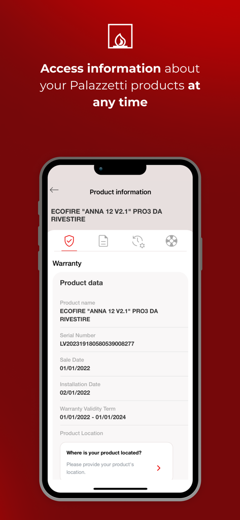Palazzetti - Manage your stove - A mobile screen showing product information and warranty details for a Palazzetti stove