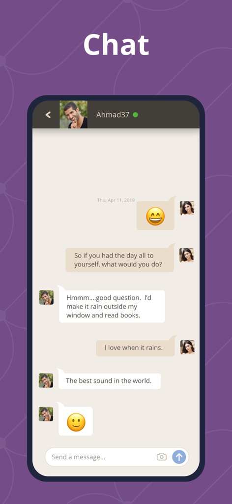 A messaging interface within the ArabLounge dating app showing a text conversation between two users.