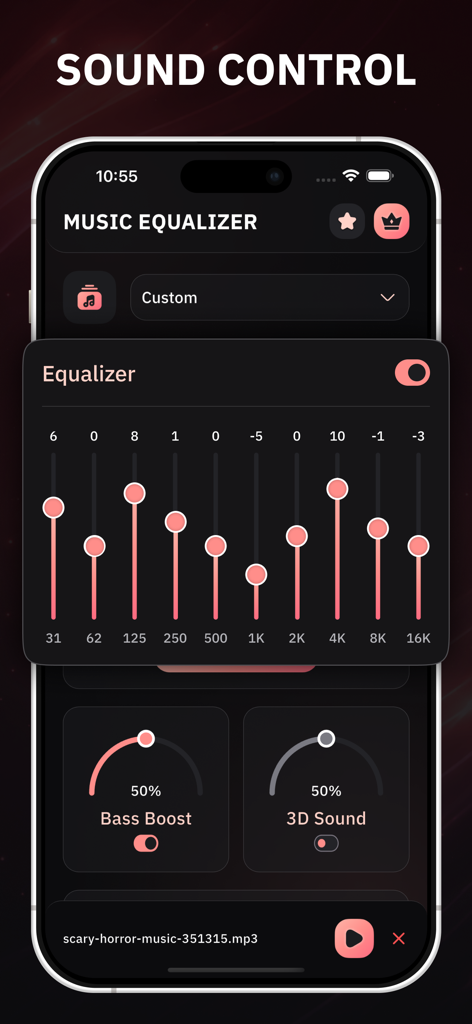 Music Equalizer - Bass Booster - Smartphone screen displaying music equalizer sliders and bass boost options