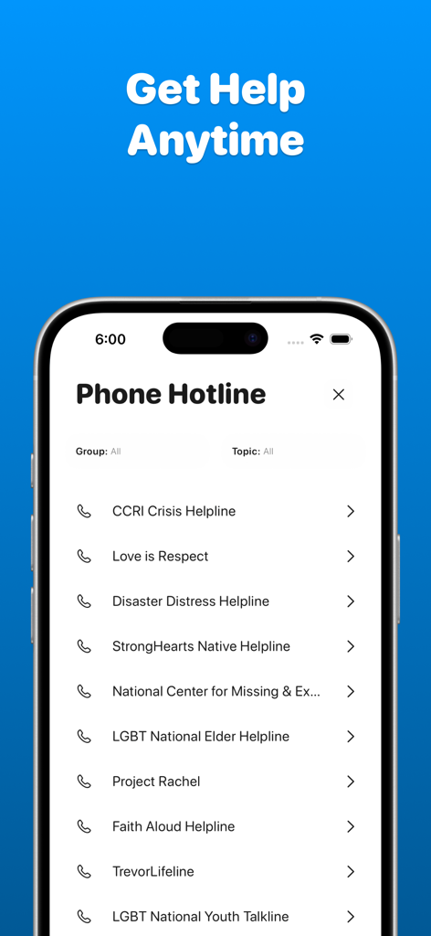 Depre: Depression Tracker - A list of mental health and crisis support hotlines within the Depre app