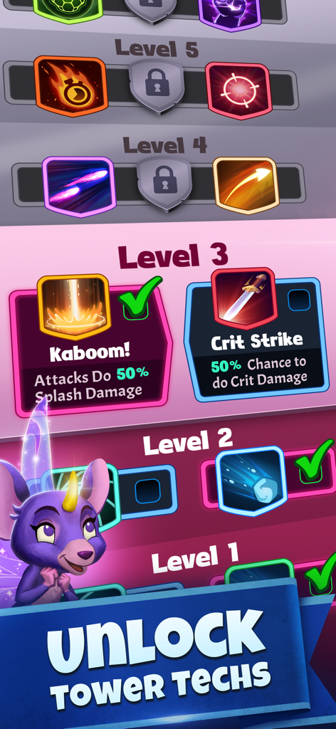 Tower Rush - Tower Defense TD - A game screen showcasing various level-up options and abilities for tower technologies in Tower Rush