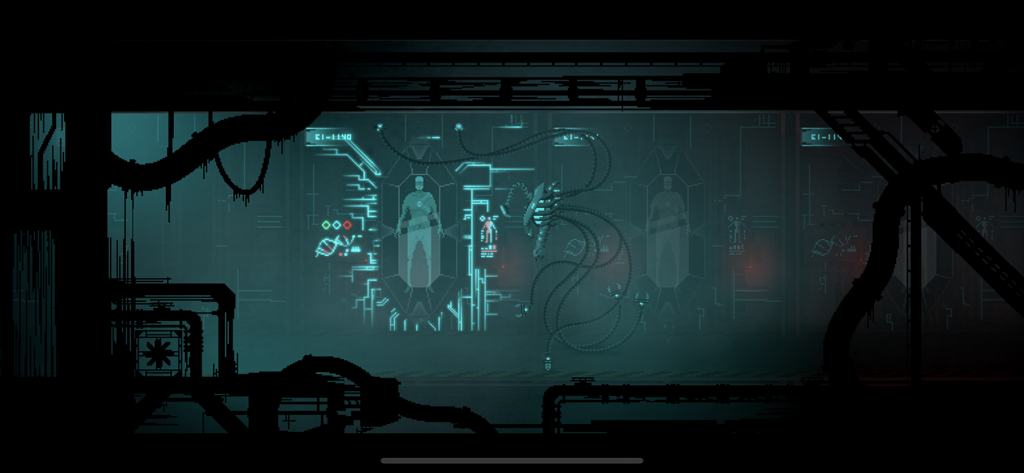 Crying Suns - Un laboratorio de ciencia ficción de arte pixelado oscuro con una entidad mecánica de múltiples extremidades y siluetas humanas