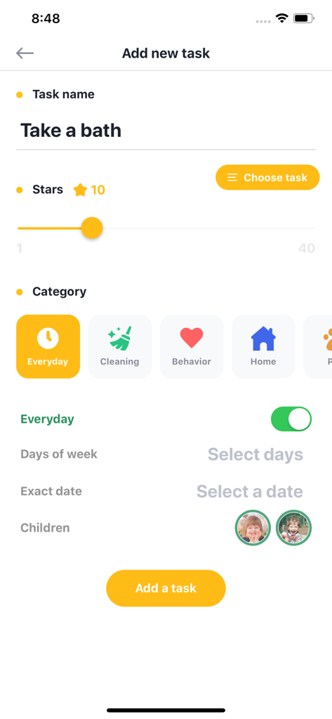 Child Rewardアプリで、スター報酬とカテゴリを含む新しいタスクを作成するインターフェース。